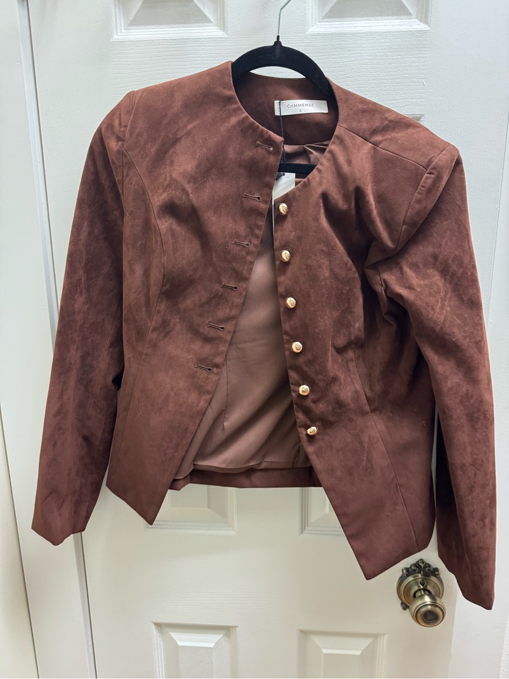Commense Brown Suede-Style Blazer with Gold Buttons